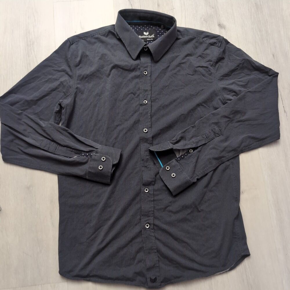 Butter Cloth Shirt Mens Large Dark Gray Slim Icy Cotton Long Sleeve Buttercloth